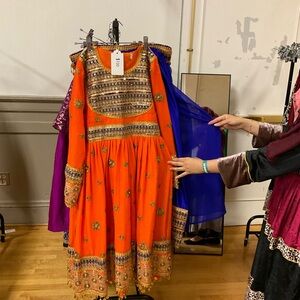 Vibrant Orange Embroidered Afghan Dress